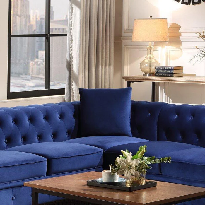 Symmetrical Chesterfield Luxurious Teak Wood Velvet Fabric Button Tufted Corner Sectional Sofa With Table And Cushions - Image 2