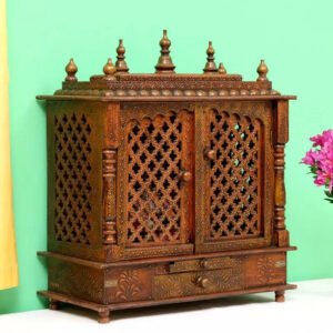 Indian Culture Hand Carved Traditional Handmade Wooden Pooja Temple With Door for Daily Prayers (Brown)