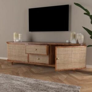 Curve Rattan Cane Rosewood TV Unit Cabinet with 2 Drawers & 2 Doors Elegant Storage and Style for Your Living Space