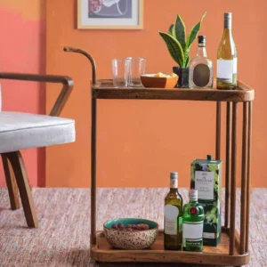Spindle Handmade Teak Wood 2 Tier Bar Serving Trolley with Wheels (Natural Teak Finish)