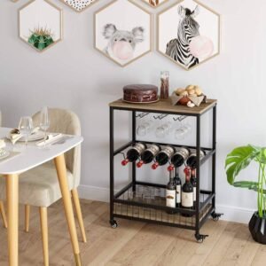 Modley Stylish Metal & Engineered Wood Bar Serving Trolley with Wheels Use Cocktail Wine As a Home Bar ( Black )