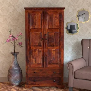 Handmade Teak Wood Wardrobes & Dressers for Elegant Bedroom Storage Solution with 2 Door (Honey Finish)