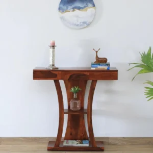 Hallway Teak Wood Console Table T-Shape Rustic Entryway Table for Living Room (Brown)