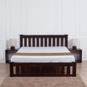 Natural Art & Crafts Cube Design Handmade Teak Wood King Size Plain Bed Luxurious Elegant Bedroom Decor with 2 Tables