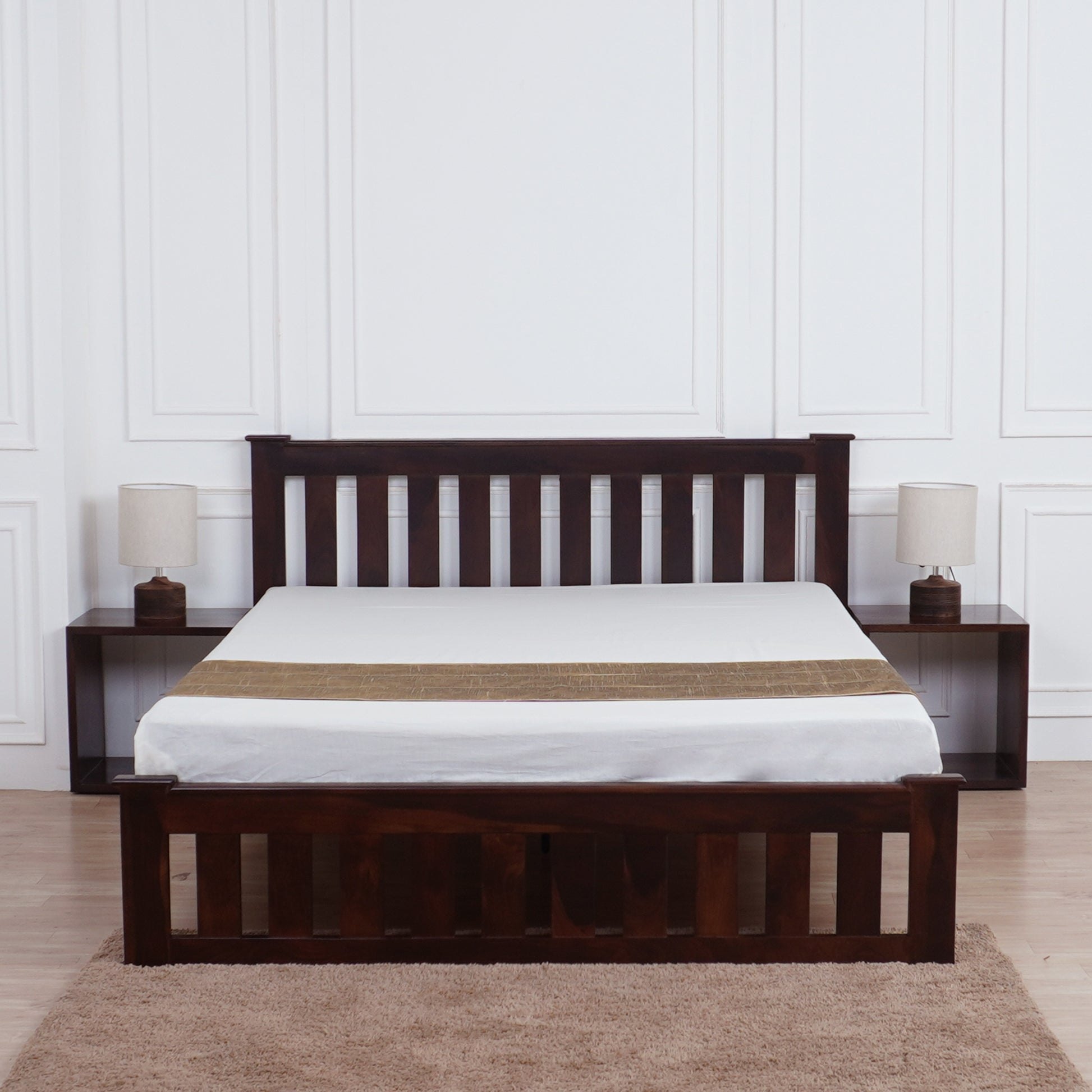 Natural Art & Crafts Cube Design Handmade Teak Wood King Size Plain Bed Luxurious Elegant Bedroom Decor with 2 Tables