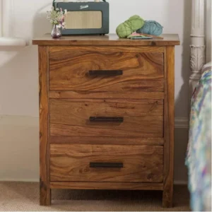 Handmade Classic Teak Wood 3 Drawer Bedside Table Rustic Wooden Nightstand for Bedroom