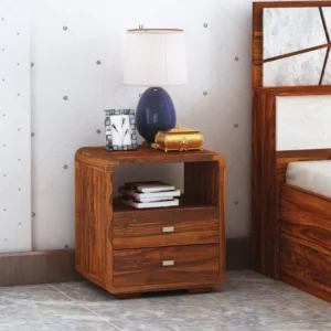 Solid Sheesham Wood Bedside Table with 2 Drawers Handcrafted Curved Design Nightstand