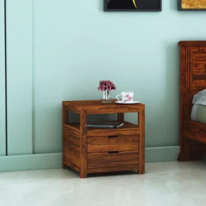 Solid Sheesham Wood Bedside Table with Two Drawers and Sharp Edges Modern Rustic Nightstand for Bedroom or Living Room