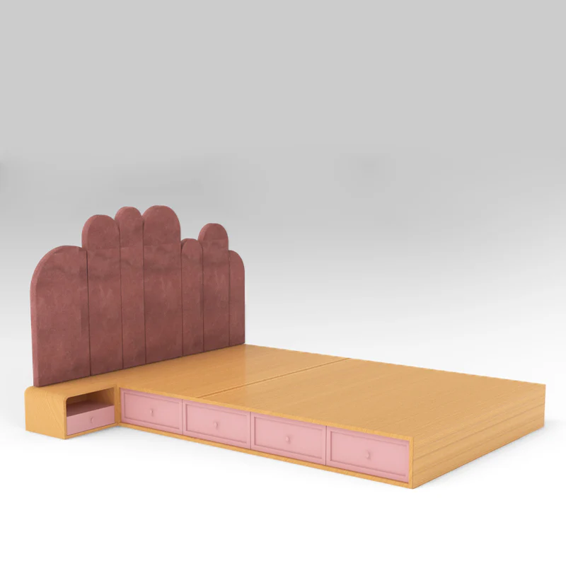 Fluted Bed Plush Look Teak Wood Kids Bed for Girls and Boys with Bedside Table with Attached Drawers - Image 2