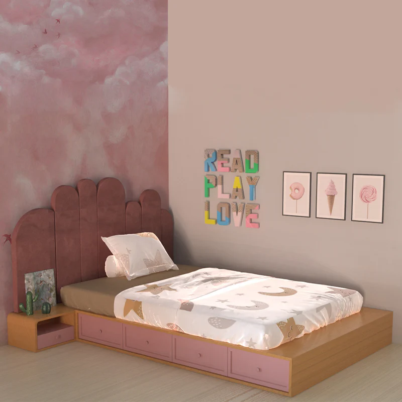 Fluted Bed Plush Look Teak Wood Kids Bed for Girls and Boys with Bedside Table with Attached Drawers