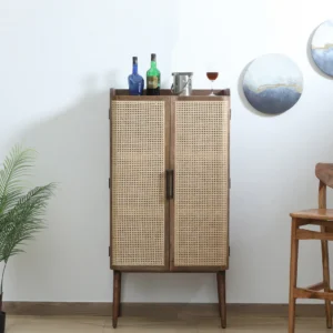 Vyut Jali Design Handmade Teak Wood Bar Cabinet Stylish Liquor and Wine Storage Cabinet for Glasses and Bottles Modern Rustic Design (Walnut Finish)