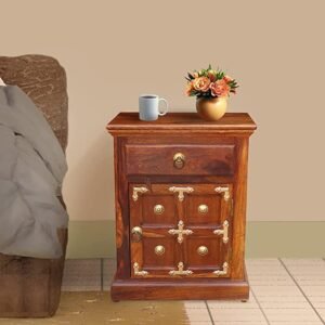 Handmade Classic Teak Wood Bedside Table with 1 Drawer Rustic Nightstand for Bedroom, Living Room