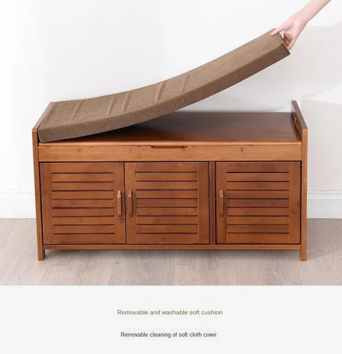 Bamboo Wood 3 Door Shoe Rack Cabinet with Seat - Image 3