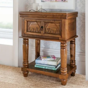 Elephant Design Handmade Teak Wood Bedside Table Rustic Nightstand, Small Wooden Accent Table for Bedroom, Living Room