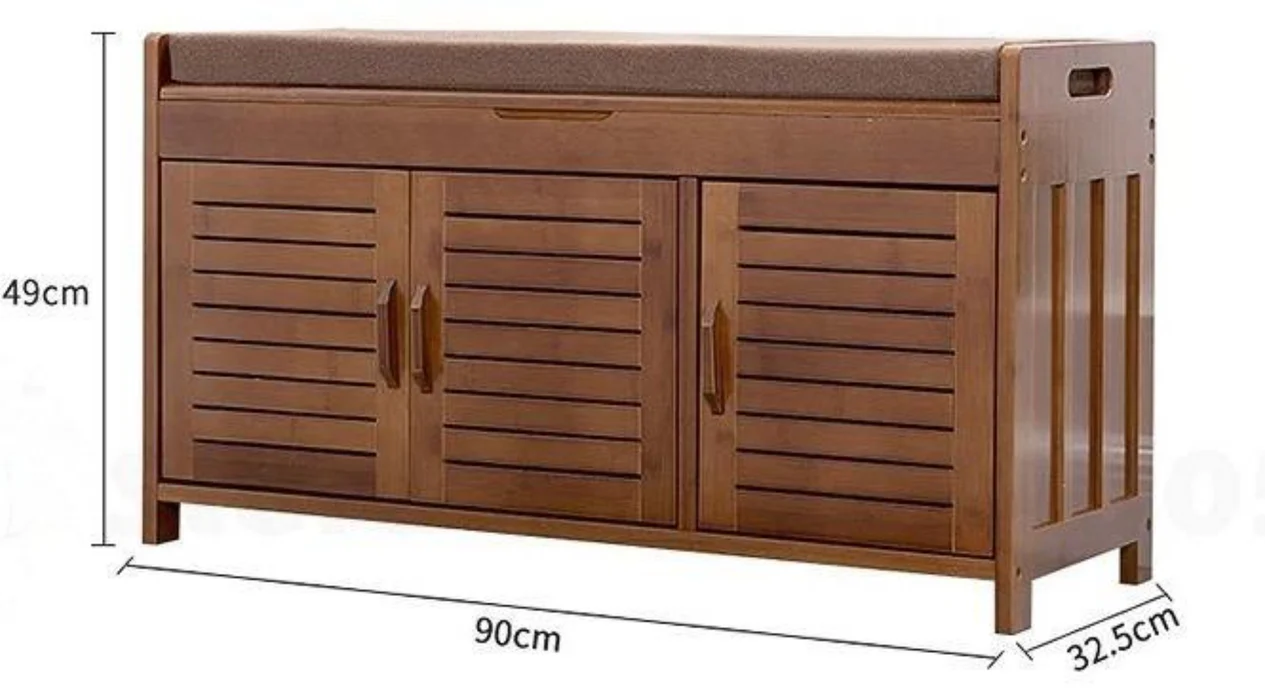 Bamboo Wood 3 Door Shoe Rack Cabinet with Seat - Image 5