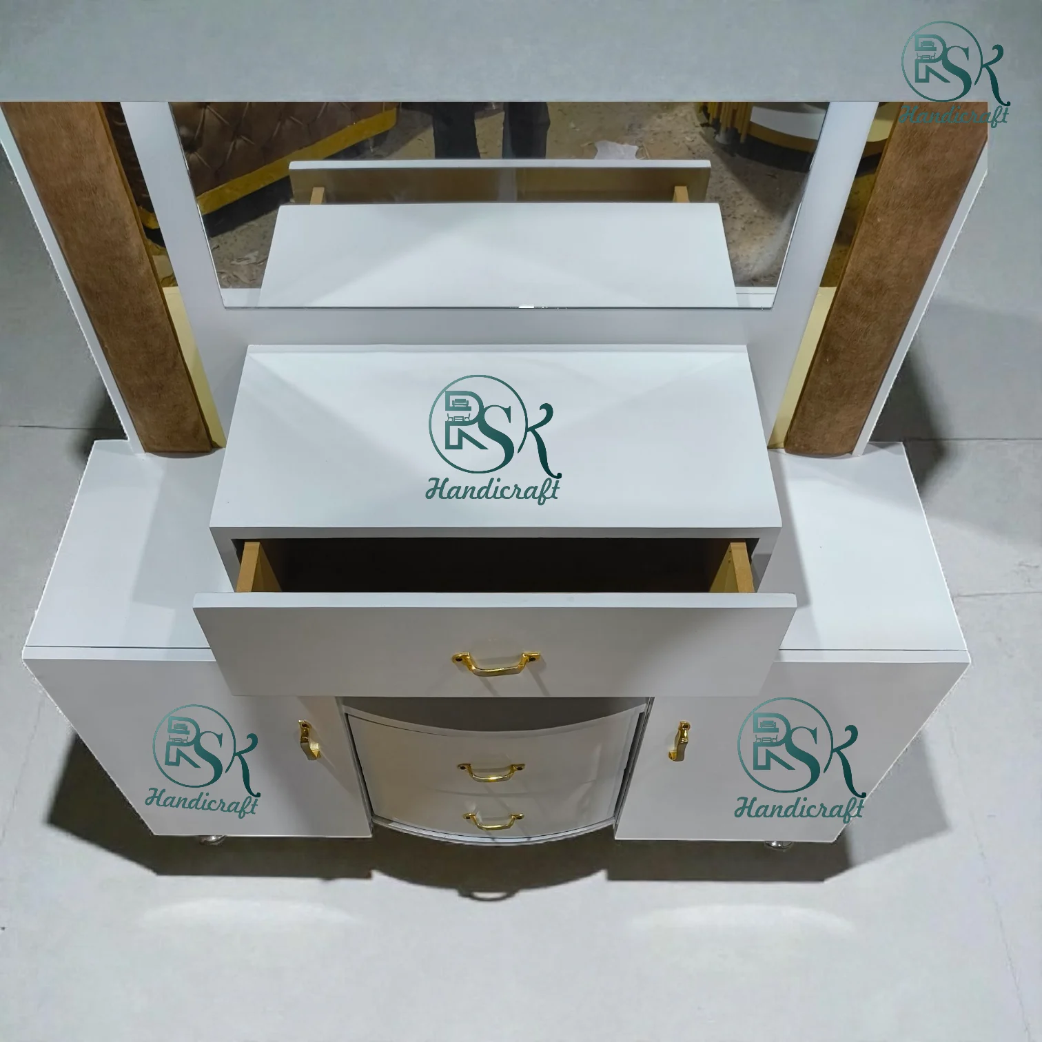 Modern White Dressing Table with Mirror & Storage - Image 3