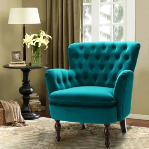Luxury Teal Velvet Tufted Accent Chair | Upholstered Armchair with Wooden Legs | Modern Living Room Single Seater Sofa